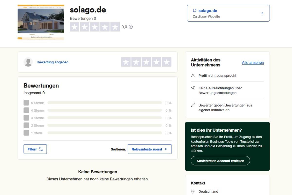 Die 0 Bewertungen bei Trustpilot von Solago GmbH sind zu sehen.